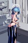  1girl absurdres ako_(blue_archive) ako_(dress)_(blue_archive) ass back backless_dress backless_outfit blue_archive blue_dress blue_eyes blue_hair blue_halo blush bracelet breasts clenched_teeth commentary_request dress earrings fen_ge_xiu hair_over_shoulder halo highres indoors jewelry large_breasts long_hair looking_at_viewer official_alternate_costume painting_(object) revealing_clothes side_slit sideboob sideless_dress sleeveless sleeveless_dress solo teeth 
