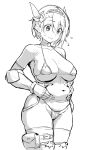  1girl arm_armor belly bikini blush breasts choker commentary curvy gauntlets hairband highres kekemotsu large_breasts metal_hairband micro_bikini monochrome navel original pinching_own_belly pouch short_hair simple_background sketch skindentation solo swimsuit thigh_pouch thigh_strap warrior winged_hair_ornament 