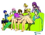  5girls anklet aqua_eyes aqua_hair aqua_nails bad_id bad_pixiv_id barefoot bespectacled blonde_hair blue_eyes blue_hair blue_nails blue_scarf brown_hair casual couch crossed_legs everyone flower glasses green_hair gumi hair_flower hair_ornament hairband hairclip hatsune_miku jewelry kagamine_len kagamine_rin kaito kamui_gakupo kunkun_(ysg) leggings legs long_hair megurine_luka meiko multiple_boys multiple_girls nail_polish necklace pillow pink_hair pink_nails purple_eyes purple_hair purple_nails reading red_eyes scarf short_hair simple_background sitting toeless_legwear toenail_polish trencker twintails very_long_hair vocaloid watch wristwatch yellow_eyes yellow_nails 