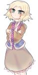  1girl absurdres blonde_hair brown_shirt brown_skirt closed_mouth commentary cookie_(touhou) cowboy_shot crossed_arms curtained_hair english_commentary frilled_sleeves frills frown green_eyes harukuru0620 headband highres joker_(cookie) long_sleeves looking_at_viewer mizuhashi_parsee pointy_ears red_headband scarf shirt short_hair simple_background skirt solo touhou white_background white_scarf 