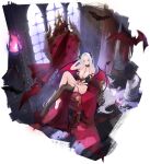  1girl absurdres artist_request bat_(animal) between_breasts black_horns black_nails black_one-piece_swimsuit black_tail brazier breast_rest breasts broken_pillar chair cleavage crack cracked_floor cracked_wall dark_persona demon_girl demon_horns demon_tail demon_wings detached_collar elbow_gloves fire flower frilled_one-piece_swimsuit frills game_asset gloves glowing glowing_tattoo gradient_horns highleg highleg_one-piece_swimsuit highres hiraia hiraia_(forbidden_invitation) horns incredibly_absurdres long_hair multi-strapped_swimsuit multicolored_horns nail_polish official_alternate_costume official_art on_throne one-piece_swimsuit pink_eyes poker_fate pubic_tattoo pubic_tattoo_visible_through_clothes red_flower red_rose revealing_clothes rose see-through_clothes single_glove single_thighhigh solo stomach_tattoo stone_pillar strap_between_breasts swimsuit tail tattoo thighhighs throne toenail_polish toenails transparent_background very_long_hair white_hair wings 