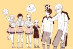  2boys 4girls aldnoah.zero alternate_costume alternate_universe amifumi_inko animal asseylum_vers_allusia balancing balancing_on_head ball ball_on_head blowing_whistle blush cheering cheerleader commentary_request eddelrittuo hair_ornament hairclip highres holding holding_pom_poms holding_whistle kaizuka_inaho long_hair multiple_boys multiple_girls nina_klein object_on_head parallel_hairclips pleated_skirt pom_pom_(cheerleading) referee robomi scrunchie seal_(animal) sepia shirt short_hair shorts skirt slaine_troyard sleeveless sleeveless_shirt soccer_ball soccer_uniform socks speech_bubble sportswear standing standing_on_one_leg teeth thought_bubble twintails twitter_username upper_teeth_only whistle wiping_face wiping_with_clothes yellow_background 