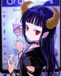  1girl black_choker blue_hair blunt_bangs card choker clip_studio_paint_(medium) closed_mouth commentary_request credit_card digital_kiosk earrings eudetenis fast_food from_behind from_side highres holding holding_card hood hood_down hoodie horns jewelry long_hair looking_at_viewer looking_back original pointy_ears red_eyes ring solo spiked_choker spikes torn_clothes torn_sleeves touchscreen upper_body 