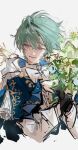  1boy ahoge alternate_costume aqua_hair black_gloves blue_cape blue_eyes blue_flower bouquet bow bowtie cape commentary_request earrings fingerless_gloves floating_hair flower genshin_impact gloves hair_between_eyes hands_up highres holding holding_bouquet hood hooded_cape innagaja jewelry korean_commentary lohen_(genshin_impact) long_sleeves looking_to_the_side male_focus open_mouth pink_pupils puffy_long_sleeves puffy_sleeves shirt short_hair simple_background single_earring sketch smile solo teeth tongue turtleneck turtleneck_shirt upper_body vest white_background white_bow white_bowtie white_flower white_hood white_shirt white_vest yellow_flower 