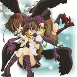  arm_around_neck blush brown_hair cellphone floating geta hair_ribbon hat himekaidou_hatate hug kasetsu long_hair multiple_girls notepad phone purple_eyes red_eyes ribbon shameimaru_aya short_hair smile tengu-geta touhou wings 