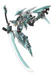  1girl absurdres armor brown_hair closed_mouth commentary_request esk_(sub_macguffin) exoskeleton exposed_internal_machinery fake_claws floating floating_object floating_weapon from_side green_armor grey_background headgear highres huge_weapon joints long_hair looking_at_viewer mecha_musume mechanical_arms mechanical_hands mechanical_legs mechanical_wings navel original profile red_eyes robot_joints science_fiction simple_background solo sword thrusters tube two-handed_sword very_long_hair weapon wings 