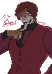  1boy adjusting_clothes adjusting_necktie black_necktie black_shirt collared_shirt commentary dated dress_shirt finger_under_clothes furry furry_male hand_on_own_hip highres loose_necktie male_focus marimoyasya necktie original parted_bangs partially_unbuttoned pink-tinted_eyewear red_hair red_shirt shirt signature striped_clothes striped_shirt sunglasses tiger_boy tiger_stripes tinted_eyewear upper_body vertical-striped_clothes vertical-striped_shirt vest waistcoat wavy_hair white_background 