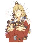  6+boys barnaby_brooks_jr. blonde_hair blush brown_hair commentary_request cropped_torso crossed_arms domino_mask embarrassed eye_mask flying_sweatdrops glasses hat high_collar highres holding holding_mini_person jacket kaburagi_t._kotetsu korean_commentary loose_hair_strand male_focus mask mini_person miniboy multiple_boys opaque_glasses red_jacket roqkrcldhkdhk short_hair simple_background sweat tiger_&amp;_bunny translation_request upper_body white_background yellow_eyes 
