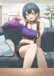  1girl :d animated animated_gif arm_support bare_shoulders black_choker black_shorts blinking blue_hair blush braid breasts brown_eyes chain choker cleavage color_banding colored_inner_hair commentary_request couch crop_top cushion doidamon double-parted_bangs feet_out_of_frame fingernails fishnet_thighhighs fishnets green_ribbon hair_ribbon hand_up indoors jewelry lamp large_breasts long_fingernails looking_at_viewer midriff multicolored_hair multiple_necklaces nail_polish navel necklace nijisanji off-shoulder_shirt off_shoulder on_couch open_mouth pendant pinky_out plant purple_hair purple_nails purple_shirt ribbon shirt short_hair shorts side_braid single_bare_arm single_sleeve single_thighhigh sitting sleeves_past_wrists smile solo teeth thighhighs two-tone_hair upper_teeth_only variant_set virtual_youtuber yamagami_karuta yamagami_karuta_(orihimeboshi) 