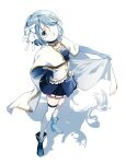  1girl absurdres ayumaru_(art_of_life) bandage_over_one_eye bandaged_head bandages blue_boots blue_eyes blue_gloves blue_hair blue_skirt boots bow cape cape_hold commentary_request covered_mouth fortissimo full_body gloves hair_bow hair_ornament hairclip hand_on_own_hip highres magical_girl mahou_shoujo_madoka_magica mahou_shoujo_madoka_magica:_walpurgis_no_kaiten miki_sayaka miki_sayaka_(magical_girl) musical_note musical_note_hair_ornament one_eye_covered pleated_skirt short_hair simple_background single_thighhigh skirt solo standing thighhighs white_background white_bow white_cape white_thighhighs 