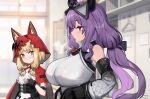  2girls absurdres animal_ear_fluff animal_ears arknights arknights:_endfield black_gloves black_skirt blonde_hair blurry blurry_background blush breast_envy breasts brown_eyes cloak closed_mouth commentary demon_girl demon_horns detached_sleeves dishui_tangni dress fingerless_gloves girl_staring_at_guy's_chest_(meme) gloves hands_on_own_chest highres hood hood_up horns huge_breasts indoors large_breasts long_hair looking_at_another low_twintails meme multiple_girls purple_hair red_cloak red_eyes rossi_(arknights) shirt short_hair skirt sweatdrop twintails typhoeus_(arknights) typhon_(arknights) untranslatable_commentary very_long_hair white_dress white_shirt wolf_ears wolf_girl 