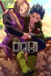 2boys bead_necklace beads belt_buckle black_shirt blue_hair blue_sky blurry blurry_background boots brown_hair buckle camus_(dq11) closed_eyes coat commentary_request dragon_quest dragon_quest_xi echo_(circa) fist_bump green_boots green_tunic hand_on_another's_shoulder hero_(dq11) indian_style jewelry male_focus multiple_boys necklace open_mouth outdoors purple_coat shirt short_hair sitting sky sleeveless sleeveless_coat smile spiked_hair sword sword_on_back tunic weapon weapon_on_back 