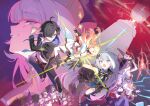  1girl 5girls ahoge amber_(stella_sora) angie_(stella_sora) bare_shoulders black_dress black_gloves black_hair black_pants blonde_hair blue_eyes blue_hairband breasts dress evil_smile female_tyrant_(stella_sora) gloves grey_hair hair_ornament hairband highres iris_(stella_sora) large_breasts long_hair looking_at_viewer male_tyrant_(stella_sora) monolith_(stella_sora) multiple_girls noya_(stella_sora) open_mouth pants purple_skirt shirt skirt smile stella_sora tyrant_(stella_sora) very_long_hair white_skirt 