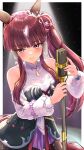  1girl absurdres animal_ears bare_shoulders black_corset blunt_bangs blush breasts brown_hair closed_mouth commentary_request corset detached_sleeves ear_covers hair_between_eyes hair_ornament highres holding holding_microphone holding_microphone_stand horse_ears horse_girl horse_tail long_hair looking_at_viewer lucky_lilac_(racing)_(umamusume) lucky_lilac_(umamusume) microphone microphone_stand multicolored_hair purple_eyes shirt side_ponytail skirt smile solo tail umamusume white_shirt yashimo_1875 