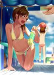  arm_support arms_up ball beachball bikini bottle brown_eyes brown_hair commentary_request face front-tie_top futami_ami futami_mami idolmaster idolmaster_(classic) idolmaster_2 long_hair multiple_girls open_mouth pettan_p shorts siblings side_ponytail sisters swimsuit takatsuki_yayoi twins 