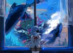  2girls absurdres black_skirt blue_eyes blue_hair charlotte_(user_vtsr2573) commentary highres juliet_sleeves long_sleeves looking_at_viewer mahou_shoujo_madoka_magica mahou_shoujo_madoka_magica:_walpurgis_no_kaiten miki_sayaka mitakihara_school_uniform multiple_girls oktavia_von_seckendorff puffy_sleeves school_uniform short_hair skirt standing window witch_(madoka_magica) 
