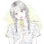  1girl absurdres artist_name braid braided_twintails brown_eyes brown_hair commentary crew_neck earrings fingernails food hand_up head_tilt highres holding holding_food holding_popsicle jewelry looking_at_viewer naho_graphics original parted_lips pink_lips popsicle shirt signature solo striped_clothes striped_shirt t-shirt twintails upper_body white_shirt wispy_bangs yellow_background 