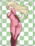  alternate_color ass blonde_hair bodysuit covering embarrassed green_eyes highres long_hair mario_(series) metroid open_mouth pink pink_bodysuit princess_peach solo super_mario_bros. tamamon zero_suit 