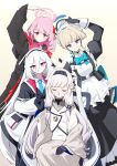  4girls :d apron arm_up black_dress black_gloves black_hairband black_jacket blonde_hair blue_archive blue_eyes blue_halo blue_necktie closed_mouth collared_shirt commentary_request dress eimi_(blue_archive) expressionless frilled_apron frills gloves hairband halo hand_up headphones headphones_around_neck heart_arms heart_arms_duo highres himari_(blue_archive) index_finger_raised jacket kei_(blue_archive) kei_(student)_(blue_archive) long_hair long_pointy_ears looking_at_viewer maid maid_apron maid_headdress multicolored_jacket multiple_girls necktie open_mouth pink_eyes pink_hair pink_halo pointy_ears shirt simple_background smile stevia_leaf super_phenomenon_task_force_(blue_archive) toki_(blue_archive) twintails two-tone_jacket white_apron white_background white_hair white_halo white_jacket white_shirt 