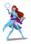  1girl bad_source blue_boots blue_dress blue_eyes boots breasts brother-tico casting_spell contrapposto dress electricity energy energy_ball fantasy full_body high_heels highres holding holding_weapon long_hair long_sleeves magic open_mouth original puffy_short_sleeves puffy_sleeves red_eyes short_sleeves simple_background solo teeth thigh_boots upper_teeth_only weapon white_background white_boots white_dress 
