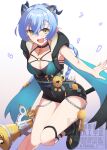  1girl :d absurdres animal_ears black_unitard blue_hair braid braided_twintails breasts choker cleavage collarbone commentary_request cowboy_shot goat_ears goat_girl goat_horns gradient_hair hair_between_eyes highres holding horns key key_choker kuzukiri_(riezenagel) large_breasts leg_up long_hair lucia_elowen mole mole_on_arm multicolored_hair open_mouth pointy_ears purple_background smile watermark white_background yellow_eyes zenless_zone_zero 