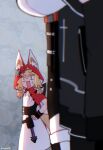 2girls absurdres animal_ears arknights arknights:_endfield blonde_hair breasts commentary english_commentary flat_chest highres large_breasts multiple_girls no_grad outside_border red_hood rossi_(arknights) surprised tail typhoeus_(arknights) typhon_(arknights) wolf_ears wolf_girl wolf_tail 