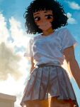  1girl absurdres bags_under_eyes black_eyes black_hair casato commentary curly_hair ellie_(casato) english_commentary from_below highres looking_at_viewer original outdoors pleated_skirt see-through_clothes shirt short_sleeves skirt t-shirt wet wet_clothes white_shirt 
