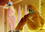  1boy 1girl absurdres aqua_(konosuba) barefoot blue_eyes blue_hair blush breasts brown_hair commentary_request frown green_pants hair_ornament highres jacket kono_subarashii_sekai_ni_shukufuku_wo! long_hair low-tied_long_hair medium_breasts mishima_kurone novel_illustration official_art open_mouth pajamas pants plant potted_plant satou_kazuma second-party_source sphere_hair_ornament sweatdrop textless_version track_jacket track_pants track_suit tree very_long_hair 