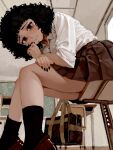  1girl 67_(meme) absurdres bag bags_under_eyes black_eyes black_hair black_nails black_socks casato classroom collared_shirt commentary curly_hair ellie_(casato) empty_eyes english_commentary from_below frown highres indoors looking_at_viewer medium_hair meme original pleated_skirt raised_inner_eyebrows school_bag school_uniform shirt skirt socks solo split_mouth thighs white_shirt 