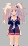  1girl bear_hair_ornament black_shirt blonde_hair blue_eyes blush bow breasts commentary_request cowboy_shot danganronpa_(series) enoshima_junko expressionless hair_ornament looking_at_viewer nail_polish necktie red_bow red_nails red_skirt shirt shirt_bow skirt sleeves_rolled_up solo twintails two-tone_necktie white_necktie yoyoyotto 