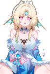  1girl ? absurdres alternate_breast_size_(larger) alternate_eye_color android black_choker blonde_hair blue_dress bonefire0909 breasts choker commentary dress english_commentary fins hair_intakes head_fins heart heart-shaped_pupils highres honkai:_star_rail honkai_(series) joints large_breasts long_hair parted_bangs parted_lips pearl_(honkai:_star_rail) pink_eyes powering_up saliva saliva_trail sidelocks sitting sleeveless sleeveless_dress solo symbol-shaped_pupils trembling 
