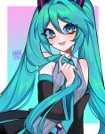  1girl absurdres aqua_background aqua_hair aqua_nails artist_name bare_shoulders belt black_skirt black_sleeves blue_belt blue_eyes blue_necktie blush border breasts collared_shirt detached_sleeves eyelashes fingernails gradient_background grey_shirt hair_between_eyes hair_ornament hand_up hatsune_miku hatsune_miku_(vocaloid6) highres long_hair long_sleeves looking_afar medium_breasts miniskirt mizah_(mizah) nail_polish necktie open_mouth outside_border pink_background playing_with_own_hair pleated_skirt shirt skirt sleeveless sleeveless_shirt smile solo teeth tongue twintails two-tone_background very_long_hair vocaloid white_border wide_sleeves 