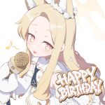  1girl animal_ear_fluff animal_ears backscratcher777 blonde_hair blue_archive blue_necktie breasts commentary cross_halo detached_sleeves dress eighth_note english_text extra_ears fox_ears fox_girl halo happy_birthday highres holding holding_microphone long_hair looking_at_viewer microphone musical_note necktie open_mouth seia_(blue_archive) singing sleeveless sleeveless_dress sleeves_past_fingers sleeves_past_wrists small_breasts solo upper_body white_dress yellow_eyes yellow_halo 