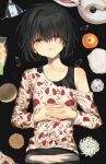  1boy absurdres black_hair black_tank_top bread expressionless food fruit highres interlocked_fingers long_sleeves looking_at_viewer lying male_focus mashiro_meme mashiro_meme_(2nd_costume) melon_bread nijisanji official_alternate_costume on_back onigiri orange_(fruit) own_hands_together pants safety_pin short_hair solo striped_clothes striped_pants tank_top trap virtual_youtuber yellow_eyes yuiitsu 