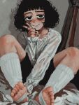  1girl absurdres black_eyes black_hair black_shorts casato commentary ellie_(casato) english_commentary feet highres indoors leg_warmers long_sleeves looking_at_viewer messy_hair on_bed original shirt shorts soles toes v white_leg_warmers white_shirt 