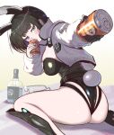 1girl animal_ear_hairband animal_ears ass beer_can black_hair black_leotard blue_eyes breasts can closed_mouth commentary_request drink_can fake_animal_ears from_behind goddess_of_victory:_nikke hairband highres holding holding_can leotard looking_at_viewer looking_back mana_(drunken_rabbit)_(nikke) mana_(nikke) medium_breasts no_eyewear nontraditional_playboy_bunny official_alternate_costume outstretched_arm playboy_bunny rabbit_ear_hairband rabbit_ears shiny_skin sitting solo syope 