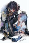  1boy 1girl armor artist_name ballerina bare_shoulders belt black_belt black_boots black_gloves black_hair black_pants blood blood_on_face blue_dress blue_gloves blue_hair boots braid breasts cape crystal_earrings dress earrings empty_eyes full_body fur-trimmed_cape fur_collar fur_trim gauntlets genshin_impact gloves hair_between_eyes hair_bun hairband hand_on_own_knee highres innagaja jacket jewelry looking_at_another looking_down looking_up lying military military_jacket military_uniform multicolored_hair odette_(genshin_impact) on_one_knee on_side open_mouth pants protecting purple_cape purple_eyes purple_jacket shadow short_hair shoulder_armor side_braid sidelocks signature simple_background single_braid single_gauntlet small_breasts strapless strapless_dress streaked_hair tassel two-tone_dress valeriy_(genshin_impact) white_background white_dress white_hair white_hairband 