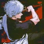  1boy artist_name gintama highres holding holding_sword holding_weapon japanese_clothes kimono male_focus messy_hair open_clothes open_kimono planktos_j red_eyes sakata_gintoki signature solo spiked_hair sword sword_writing weapon white_hair white_kimono 