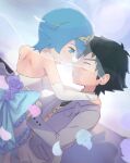  1boy 1girl alternate_costume ash_ketchum backless_dress backless_outfit black_hair blue_eyes blue_hair bridal_gauntlets bridal_veil closed_eyes commentary_request dress falling_petals flower fuhikari gold_tiara grin hetero jewelry lana_(pokemon) lifting_person missing_headwear necklace necktie nontraditional_wedding_dress pearl_necklace petals pokemon pokemon_(anime) pokemon_the_series:_sun_&amp;_moon smile spiked_hair veil wedding_dress wedding_suit 