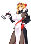  1girl 4vfanart alternate_breast_size_(larger) belt black_coat black_scarf blonde_hair bodystocking breasts cape coat coat_partially_removed commentary commentary_request covered_navel dress earrings eyewear_on_head fur-trimmed_cape fur_trim gloves hairband highres holding holding_mallet hololive hololive_indonesia jewelry kaela_kovalskia kaela_kovalskia_(1st_costume) large_breasts long_sleeves mallet o3o off_shoulder red-tinted_eyewear red_belt red_eyes red_gloves red_hairband scarf short_hair simple_background single_earring single_sidelock skin_tight solo thai_commentary tinted_eyewear virtual_youtuber white_background white_dress 