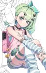  3girls 5h460n absurdres aria_(human)_(zenless_zone_zero) aria_(zenless_zone_zero) arm_warmers bag bare_shoulders character_print choker closed_mouth collarbone commentary_request earrings green_eyes green_hair hair_ornament hairclip highres jewelry knees_up looking_back multiple_girls multiple_thigh_straps musical_note_earrings nangong_yu official_alternate_costume pink_bag pink_shirt shirt shorts simple_background sitting solo_focus striped_arm_warmers sunna_(delusions_in_business)_(zenless_zone_zero) sunna_(zenless_zone_zero) thigh_strap unfinished white_background zenless_zone_zero 