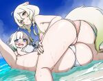  2girls absurdres ahoge animal_ears ass beach bikini blue_eyes blue_sky blush braid breasts closed_mouth commentary covered_nipples day daydarion densetsu.exe dress embarrassed english_commentary ferret_ears ferret_girl ferret_tail gradient_hair green_eyes green_hair green_tail hair_between_eyes highres large_breasts limealicious limealicious_(summer) looking_at_viewer medium_breasts mint_fantome mint_fantome_(summer) multicolored_hair multiple_girls outdoors pink_bikini pointy_ears short_hair side_up_ring sky spread_legs sundress swimsuit thighs tribadism twin_braids vinesauce virtual_youtuber water white_bikini white_hair yuri 