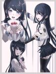  1girl :d black_hair black_skirt black_thighhighs blue_eyes blue_sailor_collar blunt_ends blush bow breasts chest_bow commentary_request cream crepe danganronpa:_trigger_happy_havoc danganronpa_(series) emblem eyelashes feeding_viewer feet_out_of_frame fingernails food from_side fruit hair_ornament hairclip hands_up highres holding holding_crepe holding_food large_breasts long_hair long_sleeves looking_at_viewer maizono_sayaka miniskirt multiple_views open_mouth outside_border outstretched_arm parallel_hairclips pink_bow plaid_clothes plaid_skirt pleated_skirt railing ringed_eyes sailor_collar sailor_shirt school_uniform serafuku shirt shiton_(2016sanhime) sidelocks simple_background skirt smile sparkle standing straight-on strawberry swept_bangs teeth thighhighs upper_body upper_teeth_only very_long_hair white_background white_shirt zettai_ryouiki 