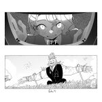  1boy 1girl border character_name character_signature daku_k grass greyscale grin hair_ornament hands_up highres long_hair looking_at_viewer monochrome necktie outstretched_arms rabies_(reverse:1999) reverse:1999 rope scarecrow shirt smile spread_arms star_(symbol) star_hair_ornament stethoscope_around_neck television ttt_(reverse:1999) vest waistcoat white_border 