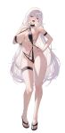  1girl absurdres arm_strap armpits ass_visible_through_thighs bare_arms bare_legs bare_shoulders black_sandals black_slingshot_swimsuit breasts bright_pupils chukibabo2 cleavage collarbone colored_eyelashes commentary_request commission criss-cross_halter criss-cross_straps feet full_body groin hair_between_eyes hair_intakes halterneck hand_on_own_hip hand_up head_tilt highres korean_commentary large_breasts legs long_hair o-ring open_mouth orange_eyes original saliva saliva_trail sandals second-party_source sideboob sidelocks simple_background sleeves_past_wrists slingshot_swimsuit smile standing swimsuit teeth thighs toes tongue tongue_out transparent_background upper_teeth_only very_long_hair white_eyelashes white_hair white_pupils yurnil 