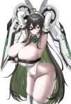  1girl absurdres animal_ear_hairband animal_ears armpits arms_up bare_shoulders black_hair bow bowtie breast_strap breasts cleavage colored_inner_hair commentary crotch_zipper fake_animal_ears goddess_of_victory:_nikke green_bow green_bowtie green_hair green_streaks guilty_(mighty_bunny)_(nikke) guilty_(nikke) hair_between_eyes hairband highres huge_breasts leotard long_hair mechanical_gloves multicolored_hair official_alternate_costume playboy_bunny power_gloves purple_eyes rabbit_ear_hairband rabbit_ears siblings sisters solo streaked_hair thighhighs thighs tomaotocat untranslatable_commentary white_background white_leotard white_thighhighs 