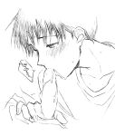  11kkr 2boys blush collarbone commentary_request cum cumdrip_from_penis erection fellatio greyscale ikari_shinji male_focus monochrome multiple_boys nagisa_kaworu neon_genesis_evangelion oral penis shirt short_hair simple_background speech_bubble sweat t-shirt translation_request uncensored white_background yaoi 