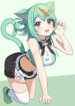  1girl :d all_fours animal_ears aogiri_koukou arm_support bandeau black_bow black_bowtie black_shorts blush bow bowtie bra_strap breasts cat_ears cat_girl cat_tail claw_pose commentary detached_collar fork_hair_ornament green_background green_bandeau green_hair green_nails hair_ornament hair_rings highres kemonomimi_mode large_breasts looking_at_viewer midriff multicolored_hair nail_polish navel no_shoes open_mouth orange_streaks puwapuwa_popura short_hair shorts side_up_ring single_claw_pose single_hair_ring single_hair_streak single_thighhigh smile socks_over_thighhighs solo spoon_hair_ornament streaked_hair swept_bangs taachika tail thighhighs virtual_youtuber white_thighhighs yellow_eyes 