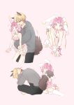  1boy 1girl ? ^^^ absurdres all_fours animal_ears bare_shoulders black_pants blonde_hair breasts brown_eyes cleavage closed_eyes closed_mouth collarbone commentary_request drawstring fang grey_hoodie heart highres himitsu_no_valentine_daisakusen!_(project_sekai) hood hood_down hoodie hug hug_from_behind hugging_tail medium_breasts momomo_(m0_3) official_alternate_hairstyle ootori_emu open_mouth pants pink_eyes pink_hair project_sekai rabbit_ears rabbit_tail short_twintails surprised tail tenma_tsukasa twintails wolf_ears wolf_tail 
