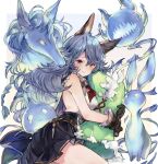  1girl animal_ears backless_dress backless_outfit bare_back blue_hair blue_skirt blush brown_eyes commentary_request dress erune ferry_(granblue_fantasy) frilled_gloves frills ghost gloves granblue_fantasy kemomin_nosuke rabbit_ears shirt sideless_outfit skirt wavy_hair white_shirt 